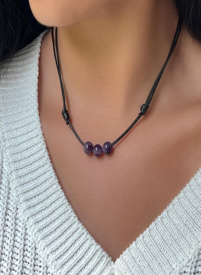 Luck Strings Amethyst Triple Beaded Choker Necklace - Adjustable Wax Nylon Cord | Waterproof Boho Jewelry for Men & Women | February Birthstone Gift Idea - Image 2